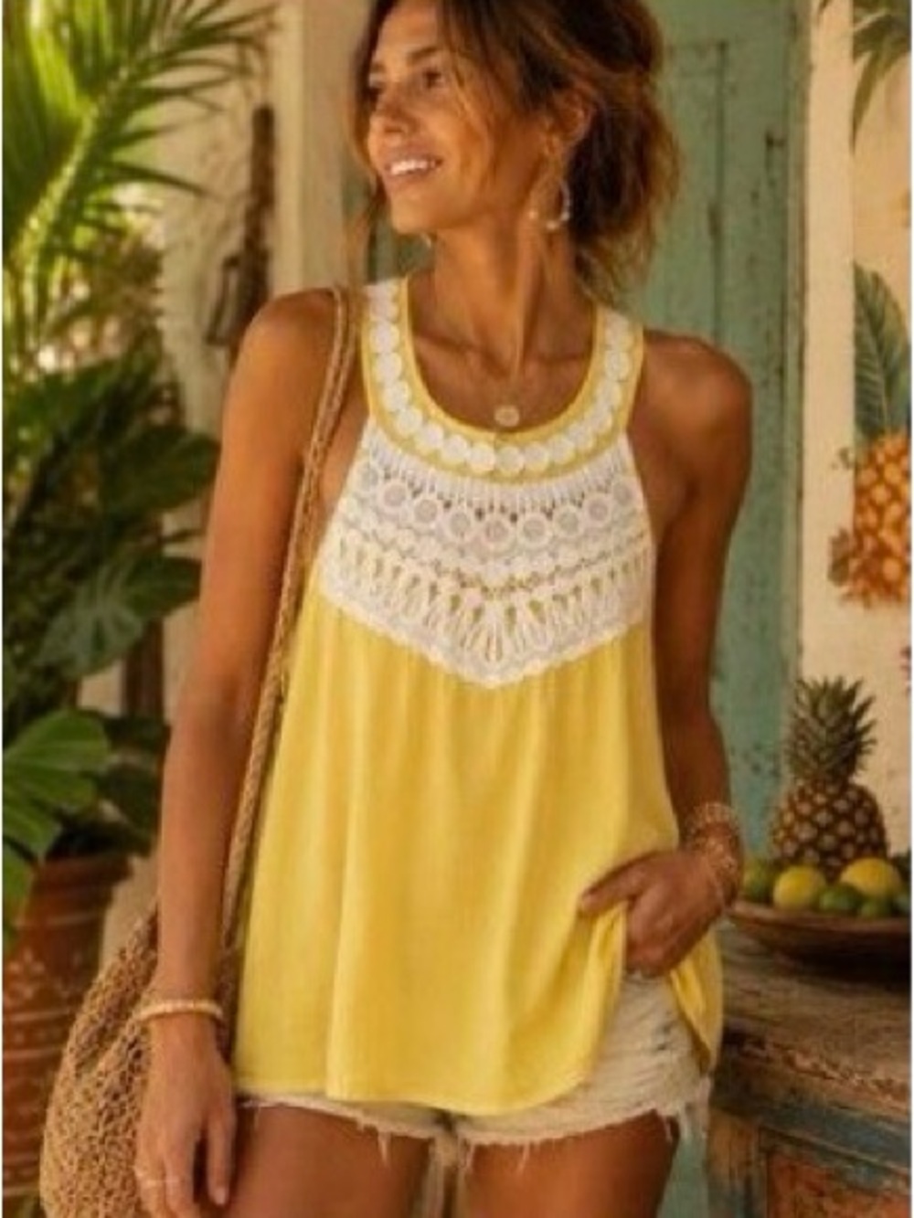 LILLY PULITZER Dawn Crocheted Embroidered Yellow & White Sleeveless Top Size XS